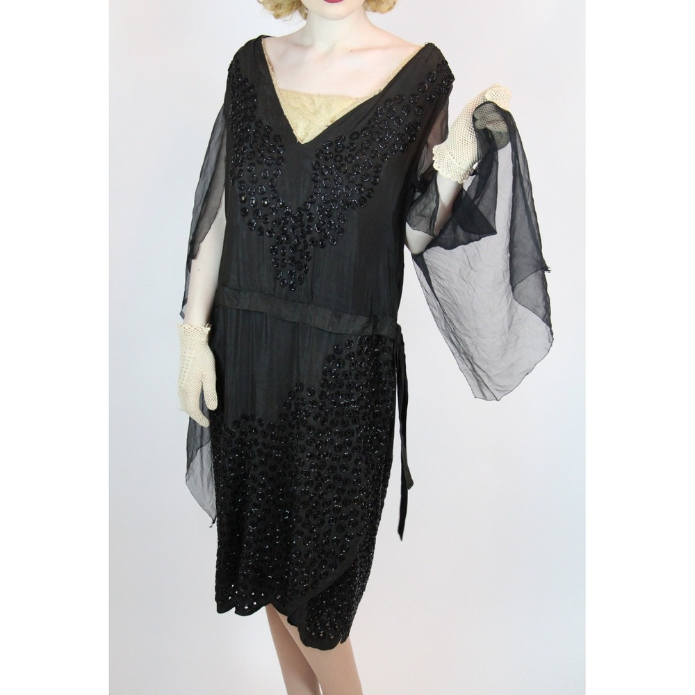 Vintage‎ 1920s Beaded sequin Silk Chiffon Flapper Dress, batwing sleeves